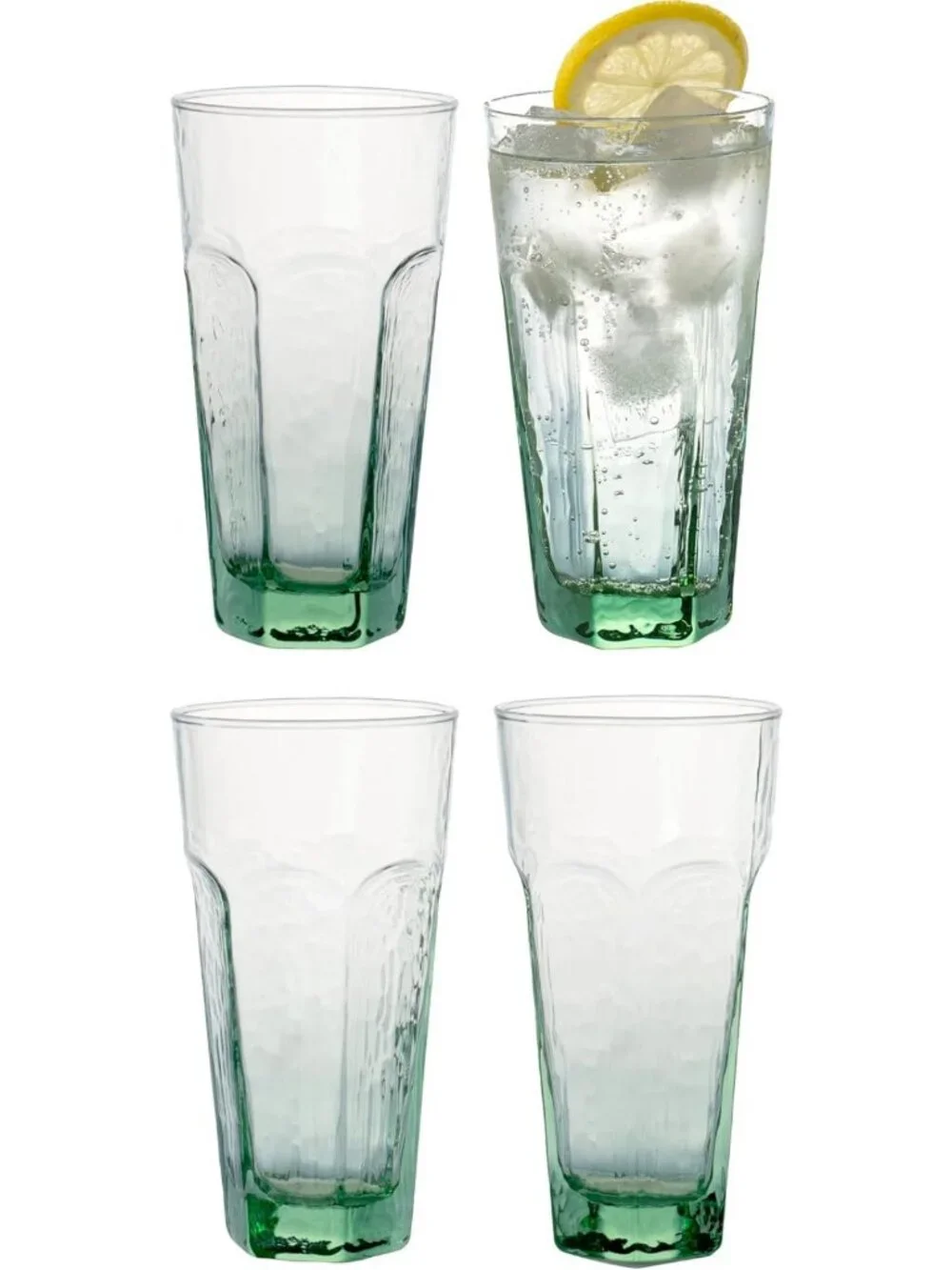 Set of 4 Green-Tinted Textured Recycled Glass Tumblers - 17 Fl Oz Drinking Cups